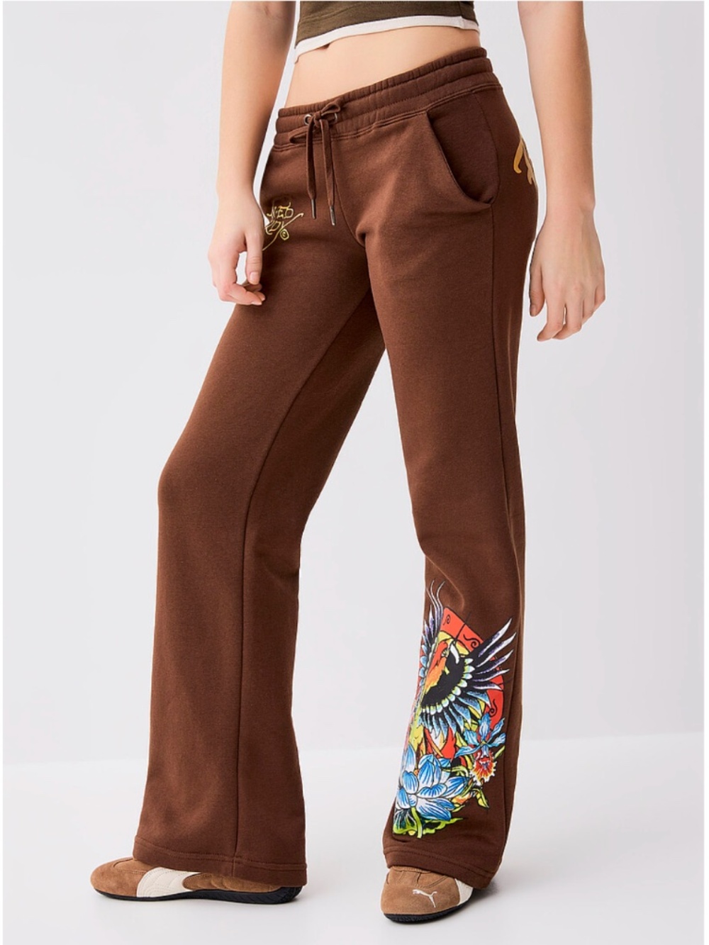 Ed Hardy chocolate brown tattoo graphic straight-leg sweat pant NWT